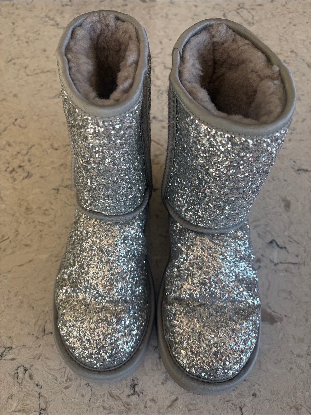 UGG Silver Glitter Kids Shearling Boots